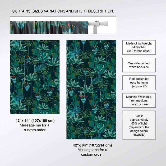 Vintage Rod Pocket Panels, Tropical Paradise Window Curtains, Green Palm Leaves Window Drapery, C09
