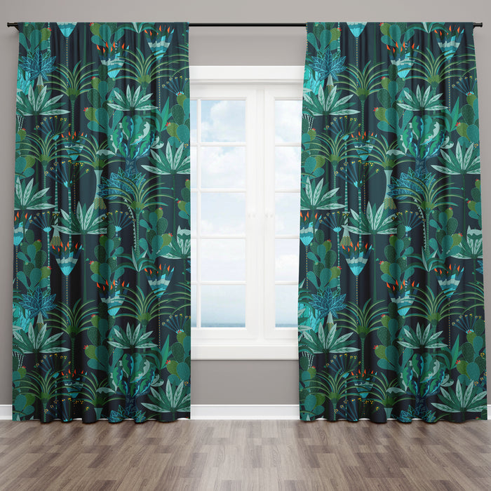 Vintage Rod Pocket Panels, Tropical Paradise Window Curtains, Green Palm Leaves Window Drapery, C09