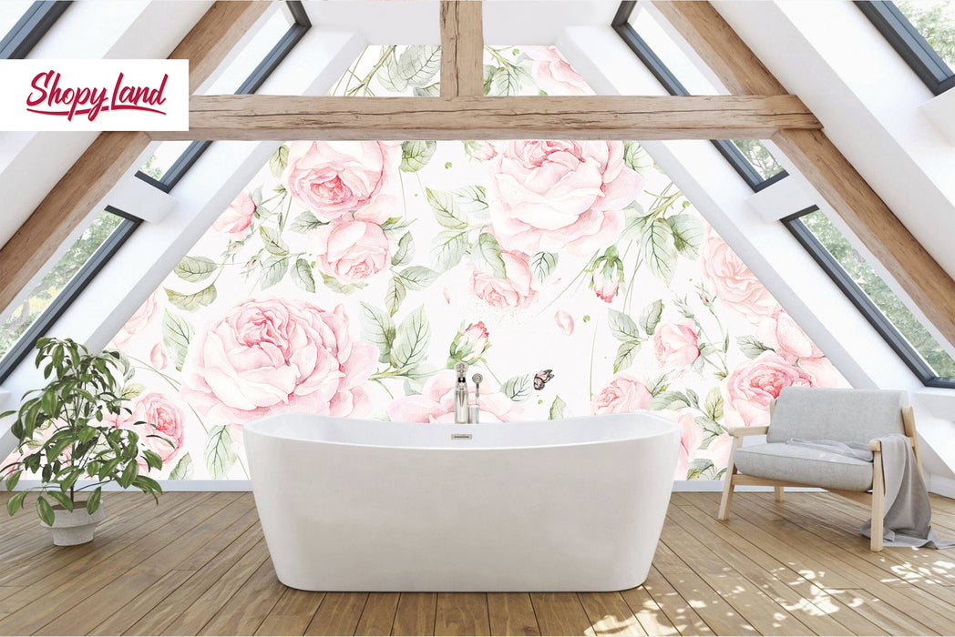 Wild Roses Peel and Stick Wallpaper – Floral Wall Mural – Removable Watercolor Roses, Romantic Botanical Home Art by ShopyLand, W134
