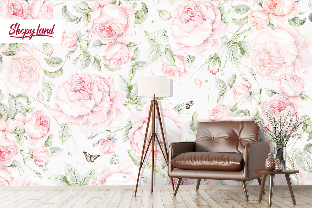 Wild Roses Peel and Stick Wallpaper – Floral Wall Mural – Removable Watercolor Roses, Romantic Botanical Home Art by ShopyLand, W134