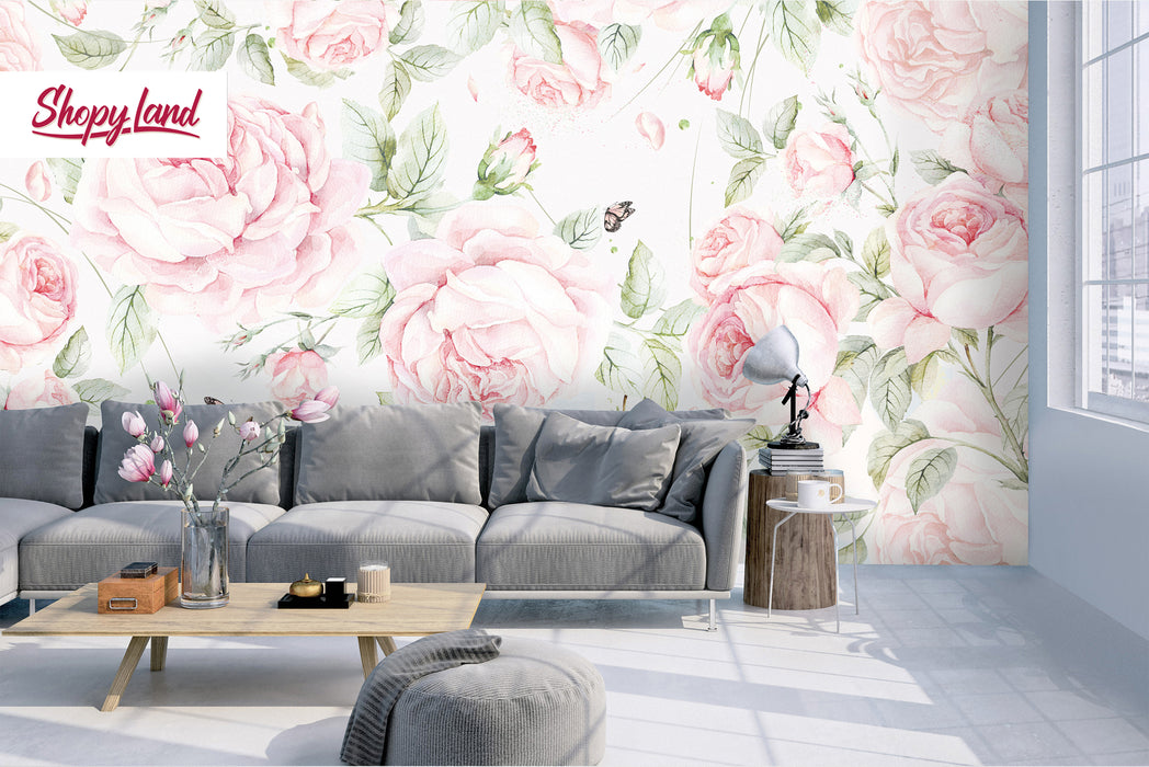Wild Roses Peel and Stick Wallpaper – Floral Wall Mural – Removable Watercolor Roses, Romantic Botanical Home Art by ShopyLand, W134
