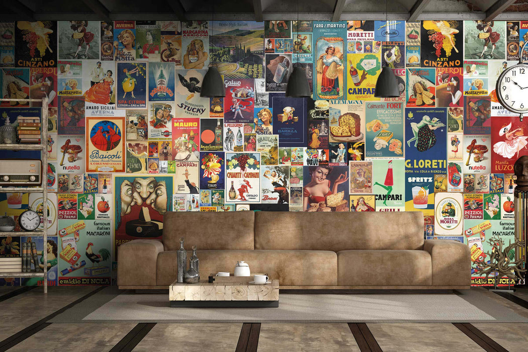Italian Retro Advertising Wallpaper – Vintage Food & Drink Poster Collage -Old World European Wall Décor by ShopyLand, W200