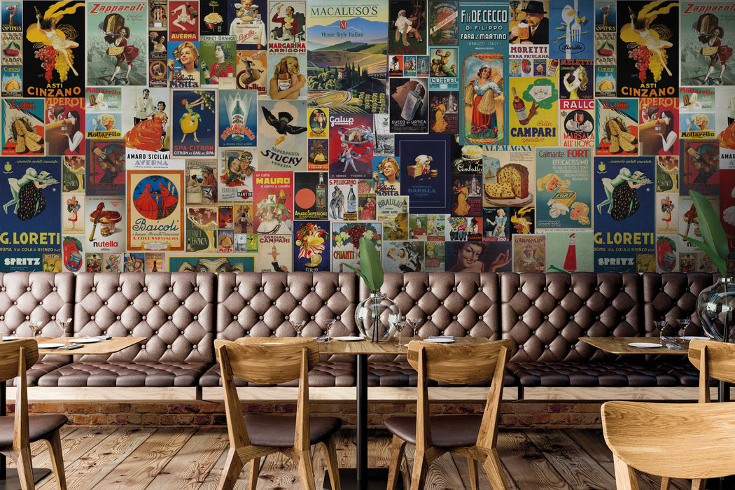 Italian Retro Advertising Wallpaper – Vintage Food & Drink Poster Collage -Old World European Wall Décor by ShopyLand, W200