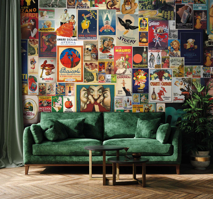 Italian Retro Advertising Wallpaper – Vintage Food & Drink Poster Collage -Old World European Wall Décor by ShopyLand, W200