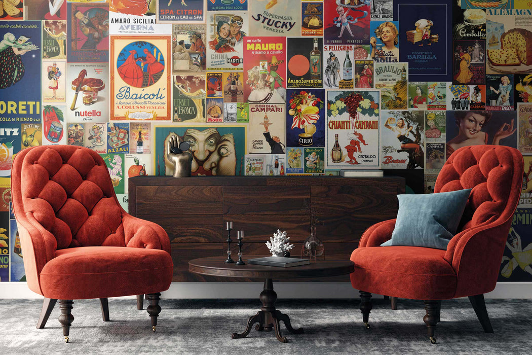 Italian Retro Advertising Wallpaper – Vintage Food & Drink Poster Collage -Old World European Wall Décor by ShopyLand, W200