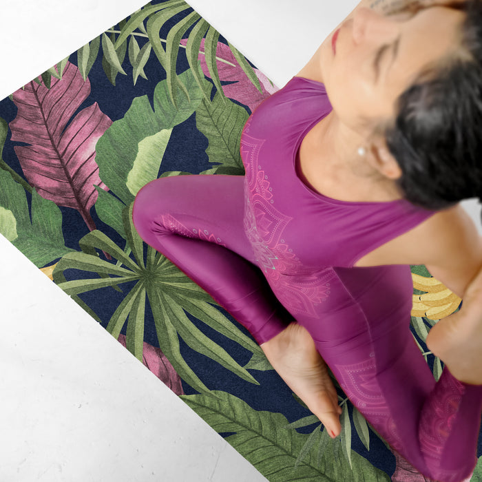 Постелка за йога с палмови листа, килимче за фитнес Jungle Paradise, постелка за пилатес Golden Banana с каишка, Y219