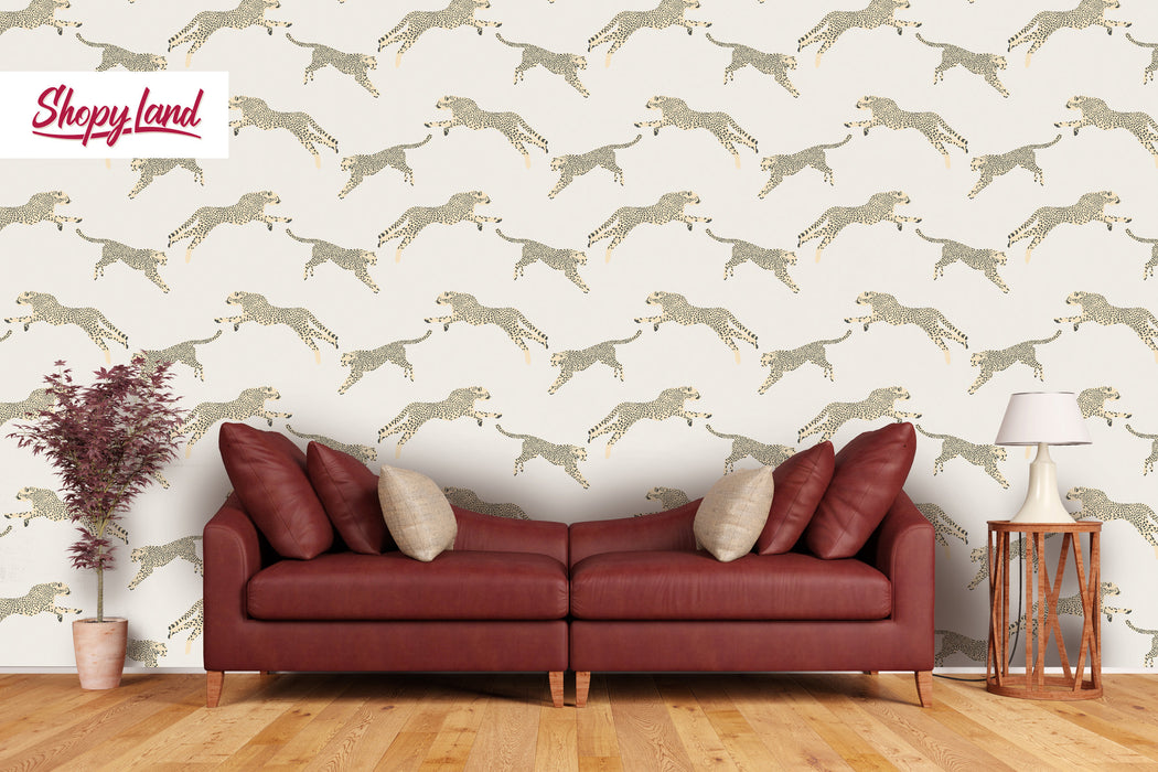Leopard Removable Wallpaper, Leaping Cheetah Peel and Stick Wallpaper, Classic Animal Print Wallpaper, W164