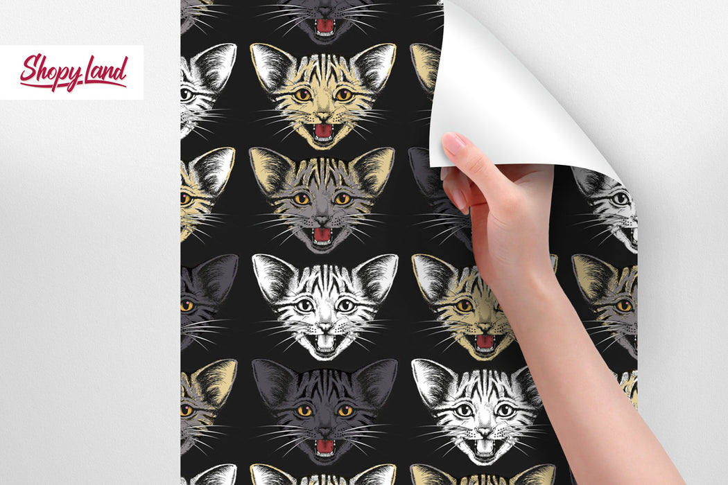 Cat Face Removable Wallpaper, Crazy Cat Snout Peel and Stick, Cat Wallpaper, Cats Wall Mural, Dark Designer Wallpaper, W135