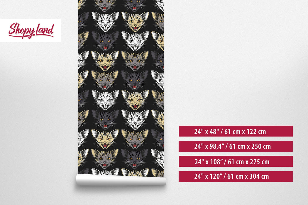 Cat Face Removable Wallpaper, Crazy Cat Snout Peel and Stick, Cat Wallpaper, Cats Wall Mural, Dark Designer Wallpaper, W135