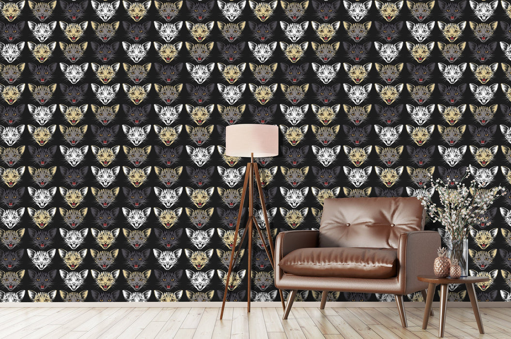 Cat Face Removable Wallpaper, Crazy Cat Snout Peel and Stick, Cat Wallpaper, Cats Wall Mural, Dark Designer Wallpaper, W135