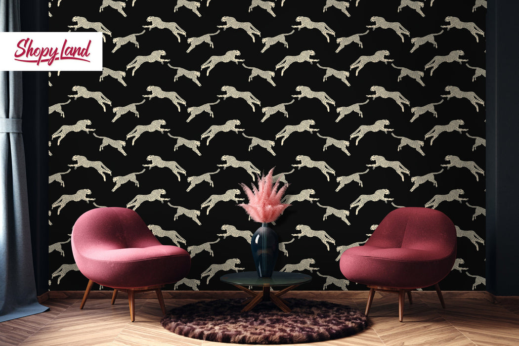 Leopard Removable Wallpaper, Leaping Cheetah Peel and Stick Wallpaper, Classic Animal Print Wallpaper, W164