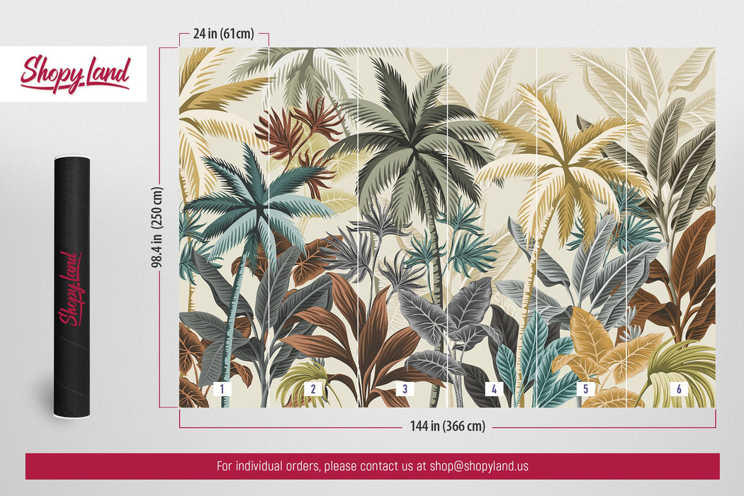 Subtle Jungle Removable Wallpaper, Modern Colors Tropical Wallpaper, Tropical Peel and Stick Wallpaper, Palm trees wallpaper, W162