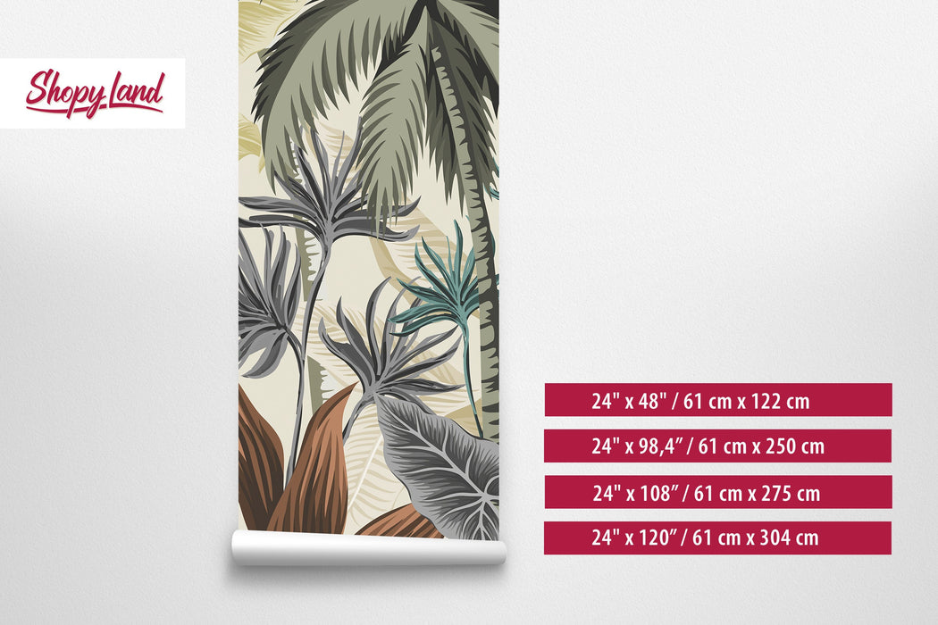 Subtle Jungle Removable Wallpaper, Modern Colors Tropical Wallpaper, Tropical Peel and Stick Wallpaper, Palm trees wallpaper, W162