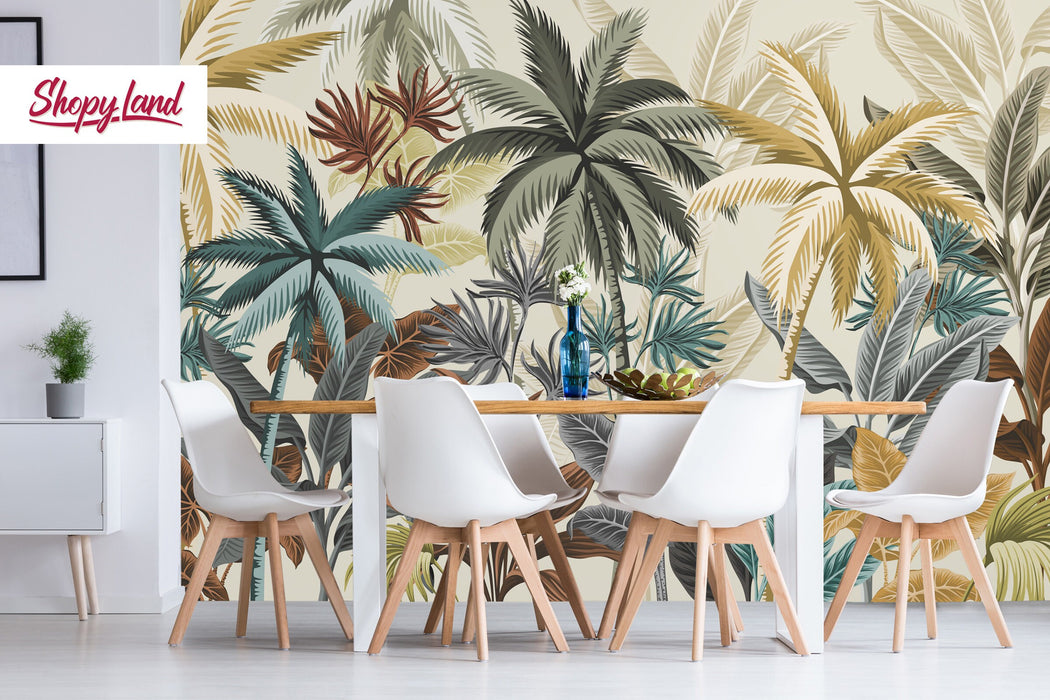 Subtle Jungle Removable Wallpaper, Modern Colors Tropical Wallpaper, Tropical Peel and Stick Wallpaper, Palm trees wallpaper, W162