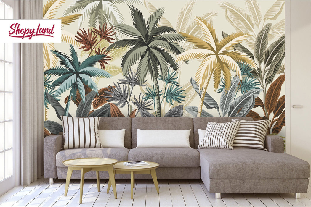 Subtle Jungle Removable Wallpaper, Modern Colors Tropical Wallpaper, Tropical Peel and Stick Wallpaper, Palm trees wallpaper, W162