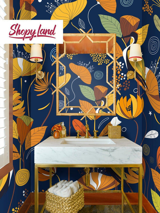 Modern Botanical Peel and Sick Wallpaper, Floral Wallpaper, Flowers Removable Wallpaper, Temporary Wallpaper, W167