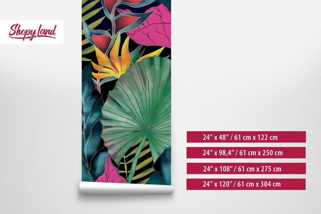 Removable Wallpaper Funky Jungle, Self Adhesive Wall Mural, Peel and Stick Palm Leaves, Tropical wallpaper, Exotic Tropical Pattern, W80