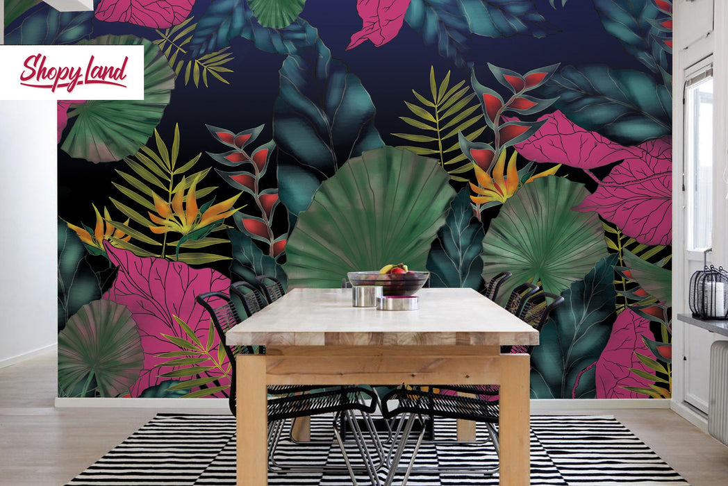 Removable Wallpaper Funky Jungle, Self Adhesive Wall Mural, Peel and Stick Palm Leaves, Tropical wallpaper, Exotic Tropical Pattern, W80