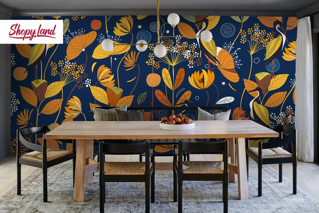 Modern Botanical Peel and Sick Wallpaper, Floral Wallpaper, Flowers Removable Wallpaper, Temporary Wallpaper, W167