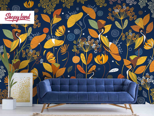 Modern Botanical Peel and Sick Wallpaper, Floral Wallpaper, Flowers Removable Wallpaper, Temporary Wallpaper, W167