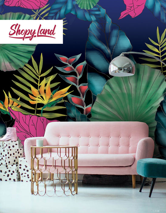 Removable Wallpaper Funky Jungle, Self Adhesive Wall Mural, Peel and Stick Palm Leaves, Tropical wallpaper, Exotic Tropical Pattern, W80