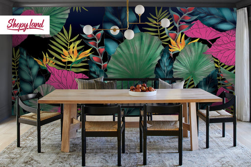 Removable Wallpaper Funky Jungle, Self Adhesive Wall Mural, Peel and Stick Palm Leaves, Tropical wallpaper, Exotic Tropical Pattern, W80