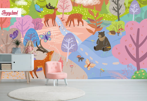 Magic Forest Peel and Stick Wallpaper, Kids Removable Wallpaper, Hand-painted Wallpaper, Modern Nursery Room, W179