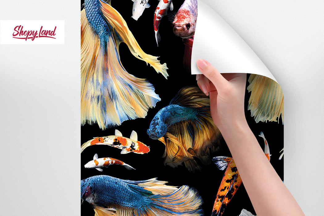 Colorful Fish Removable Wallpaper, Koi Japanese Pond Fish, Tropical Fish Peel and Stick Wallpaper, Fish Pattern Wallpaper, W180