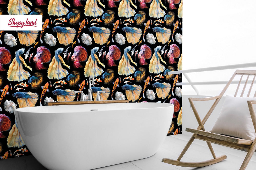 Colorful Fish Removable Wallpaper, Koi Japanese Pond Fish, Tropical Fish Peel and Stick Wallpaper, Fish Pattern Wallpaper, W180