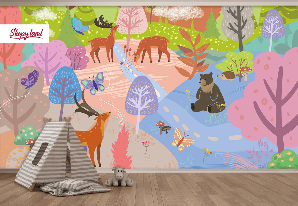 Magic Forest Peel and Stick Wallpaper, Kids Removable Wallpaper, Hand-painted Wallpaper, Modern Nursery Room, W179