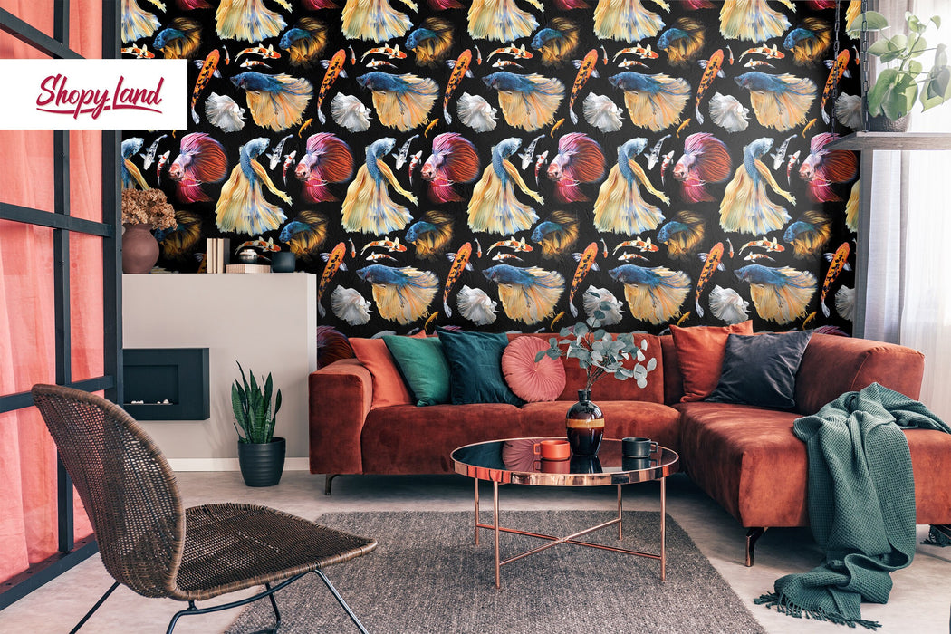 Colorful Fish Removable Wallpaper, Koi Japanese Pond Fish, Tropical Fish Peel and Stick Wallpaper, Fish Pattern Wallpaper, W180