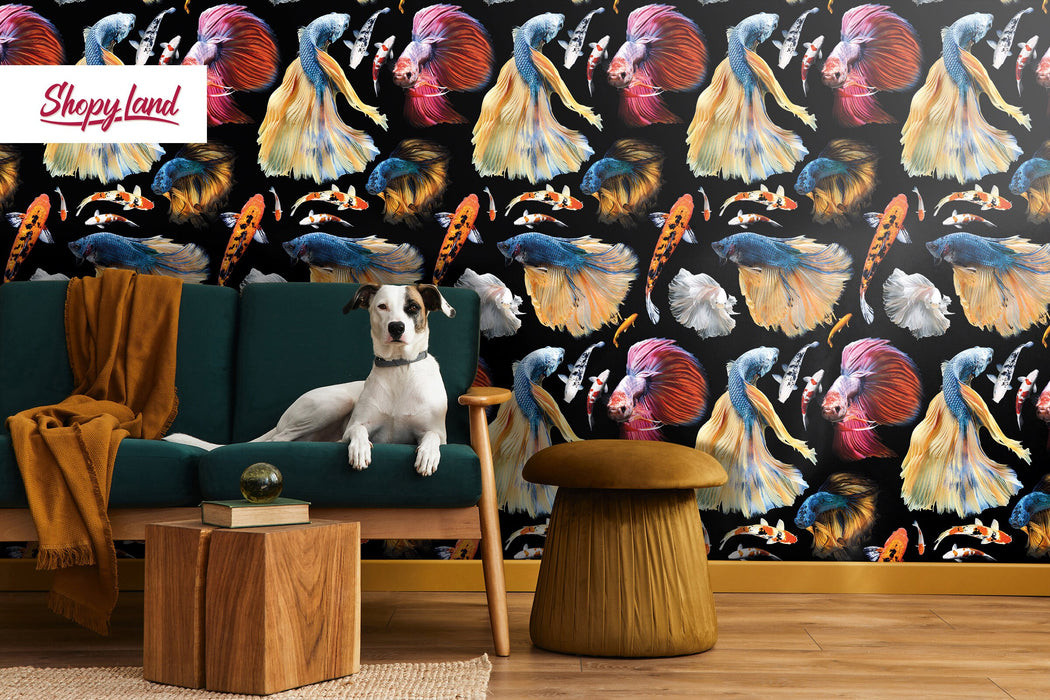 Colorful Fish Removable Wallpaper, Koi Japanese Pond Fish, Tropical Fish Peel and Stick Wallpaper, Fish Pattern Wallpaper, W180