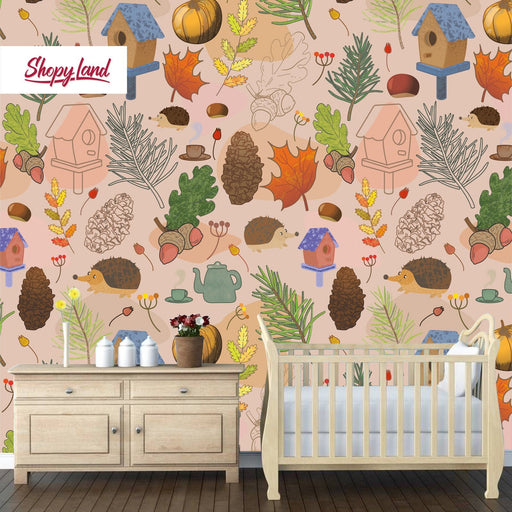 Colorful Autumn Peel and Stick Wallpaper, Kids Removable Wallpaper, Toddler Removable Wallpaper, Modern Nursery Room, W181