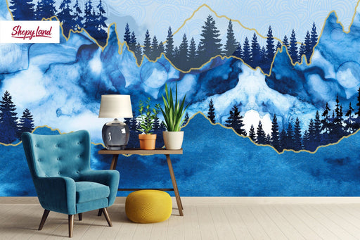 Mountain Peel and Stick Wallpaper, Blue Mountain Wallpaper, Abstract Mountain Wall Mural, Mountain Removable Wallpaper, W190