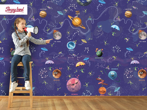 Funny Space Peel and Stick Wallpaper, Kids Space Removable Wallpaper, Planets Peel and Stick Wallpaper, W194