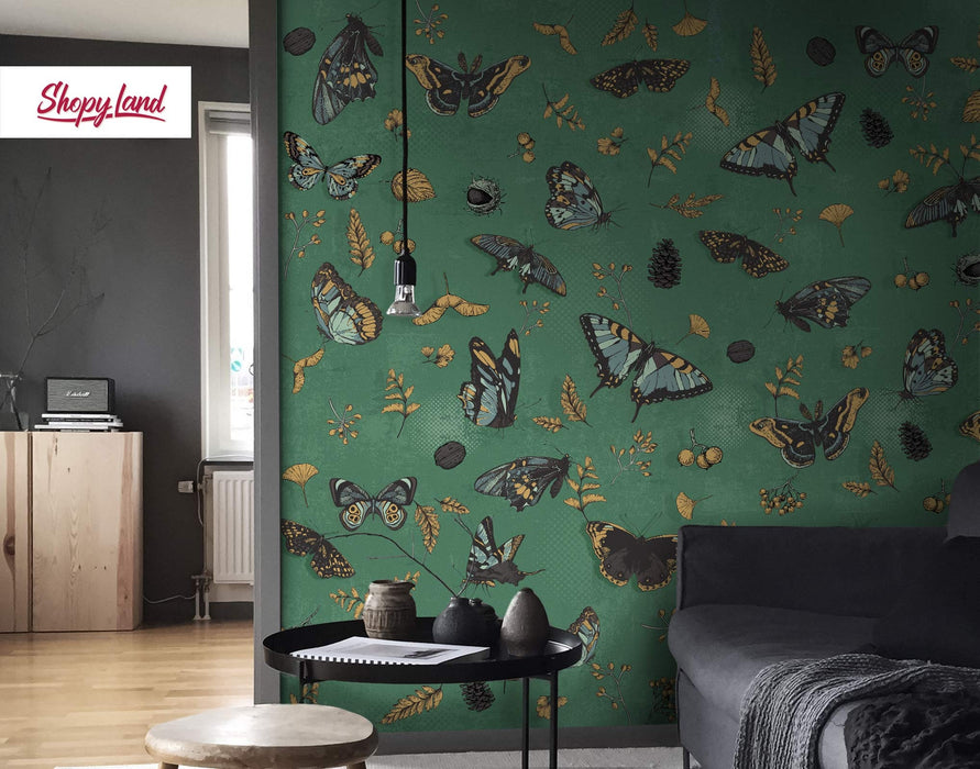 Antique Botanical Butterflies Removable Wallpaper, Vintage Butterflies Wallpaper, Dark Green Traditional Wallpaper, W195