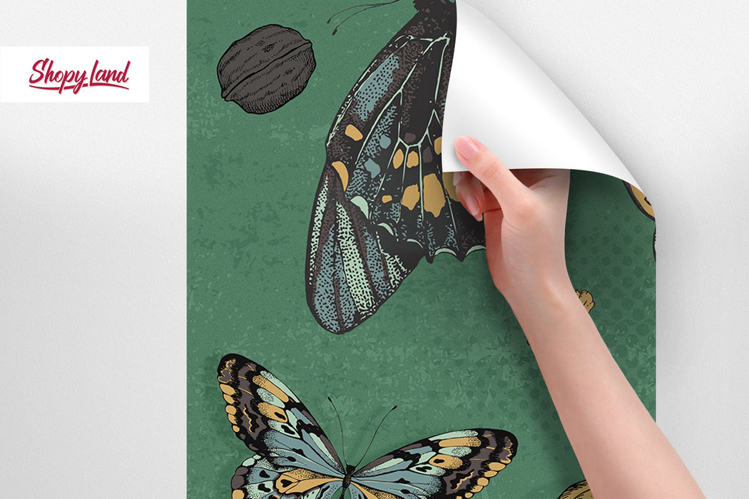 Antique Botanical Butterflies Removable Wallpaper, Vintage Butterflies Wallpaper, Dark Green Traditional Wallpaper, W195