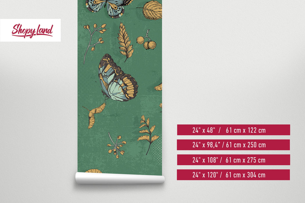 Antique Botanical Butterflies Removable Wallpaper, Vintage Butterflies Wallpaper, Dark Green Traditional Wallpaper, W195