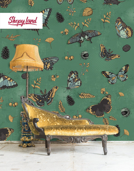 Antique Botanical Butterflies Removable Wallpaper, Vintage Butterflies Wallpaper, Dark Green Traditional Wallpaper, W195