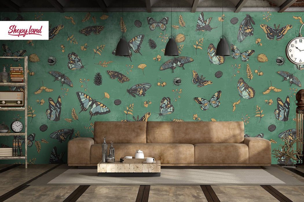 Antique Botanical Butterflies Removable Wallpaper, Vintage Butterflies Wallpaper, Dark Green Traditional Wallpaper, W195