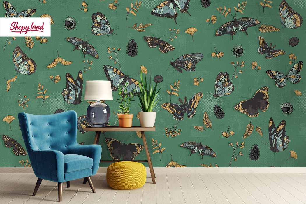 Antique Botanical Butterflies Removable Wallpaper, Vintage Butterflies Wallpaper, Dark Green Traditional Wallpaper, W195