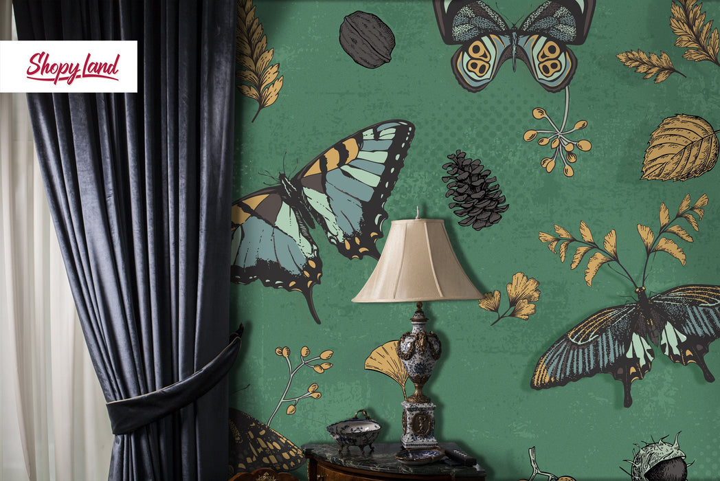 Antique Botanical Butterflies Removable Wallpaper, Vintage Butterflies Wallpaper, Dark Green Traditional Wallpaper, W195