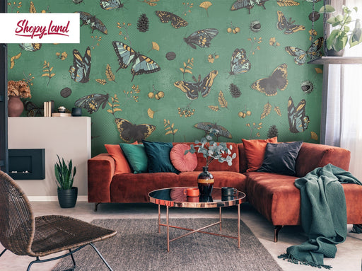 Antique Botanical Butterflies Removable Wallpaper, Vintage Butterflies Wallpaper, Dark Green Traditional Wallpaper, W195