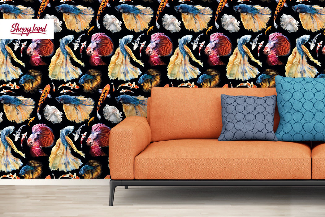 Colorful Fish Removable Wallpaper, Koi Japanese Pond Fish, Tropical Fish Peel and Stick Wallpaper, Fish Pattern Wallpaper, W180