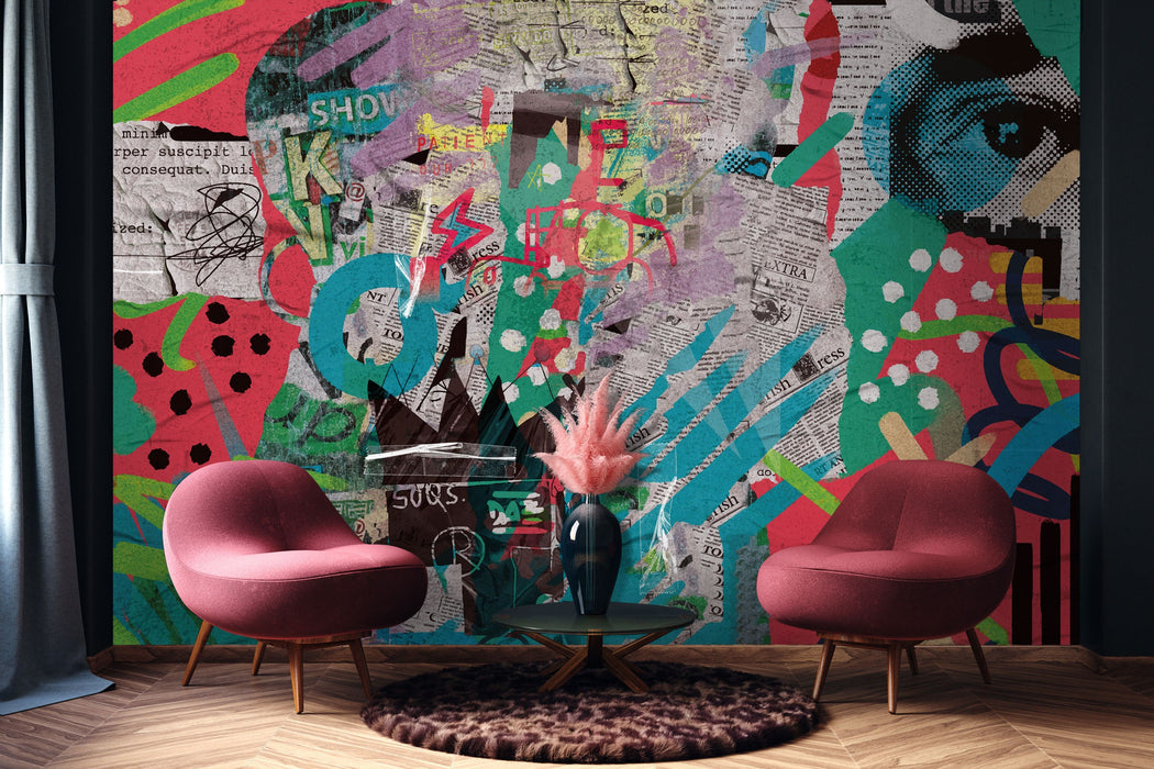 Pop Art Removable Wallpaper, Aesthetic Collage Wall Covering, Colorful Street Art Wallpaper, Peel and Stick Wall Decor, W206