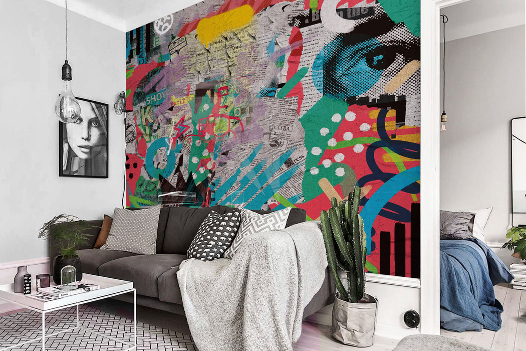 Pop Art Removable Wallpaper, Aesthetic Collage Wall Covering, Colorful Street Art Wallpaper, Peel and Stick Wall Decor, W206