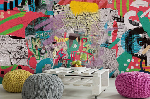 Pop Art Removable Wallpaper, Aesthetic Collage Wall Covering, Colorful Street Art Wallpaper, Peel and Stick Wall Decor, W206