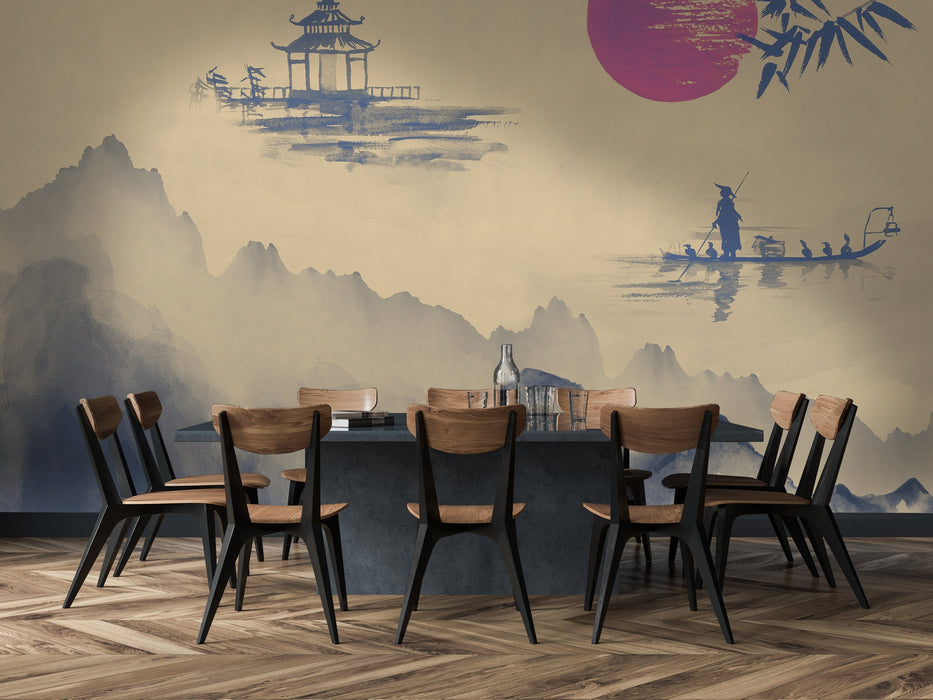 Japanese Sunrise Removable Wallpaper, Asian Nature Peel and Stick Wallpaper, Three Colors Pattern Wall Mural, W209