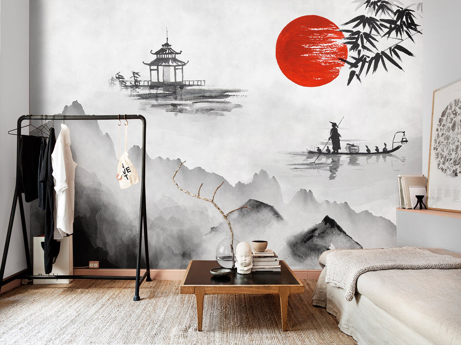 Japanese Sunrise Removable Wallpaper, Asian Nature Peel and Stick Wallpaper, Three Colors Pattern Wall Mural, W209