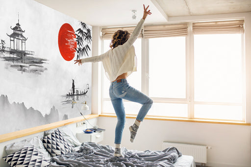 Japanese Sunrise Removable Wallpaper, Asian Nature Peel and Stick Wallpaper, Three Colors Pattern Wall Mural, W209